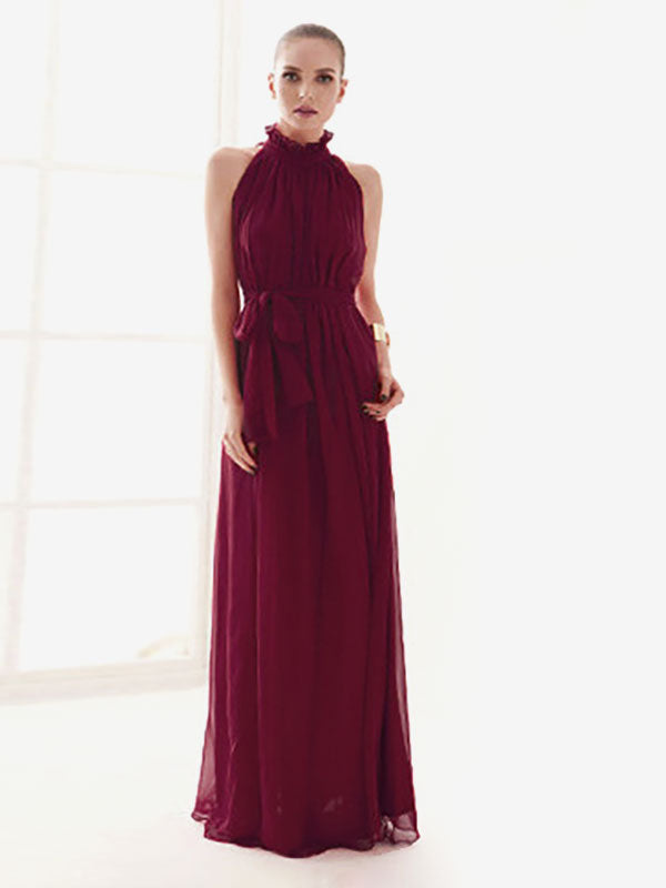Halter Sundress Jewel Neck Lace Up Chiffon Beach Prom Maxi Dresses