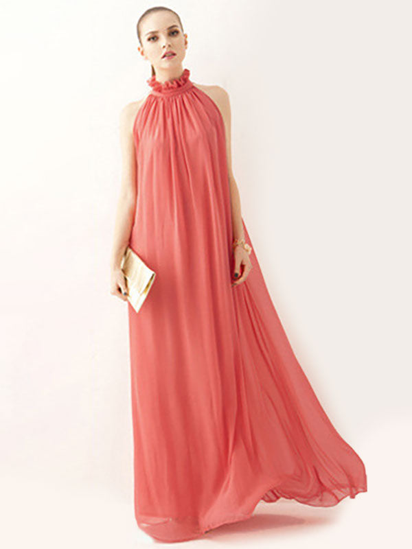 Halter Sundress Jewel Neck Lace Up Chiffon Beach Prom Maxi Dresses
