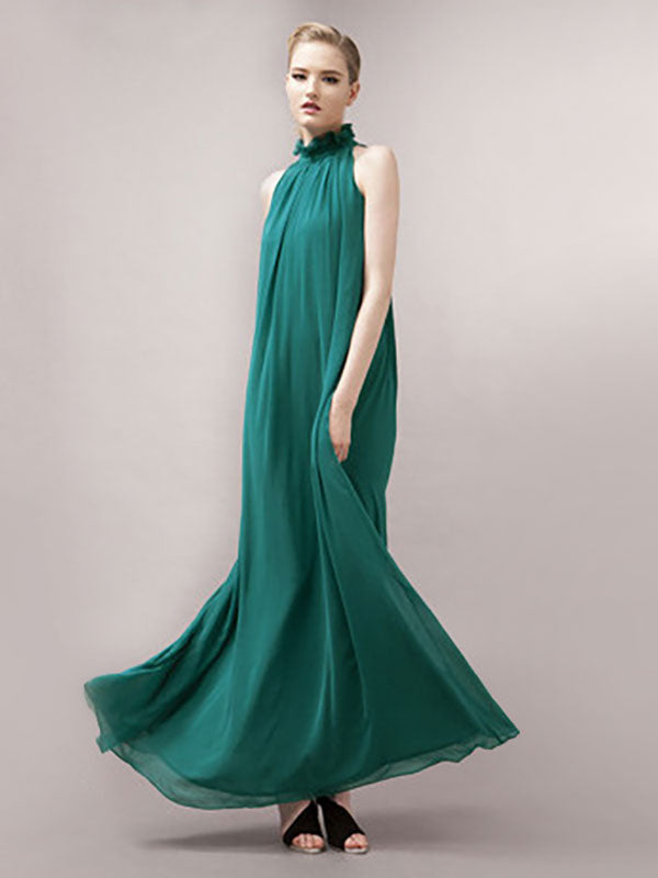 Halter Sundress Jewel Neck Lace Up Chiffon Beach Prom Maxi Dresses