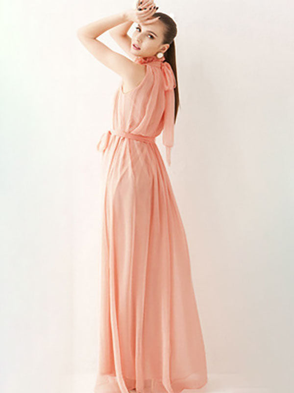 Halter Sundress Jewel Neck Lace Up Chiffon Beach Prom Maxi Dresses