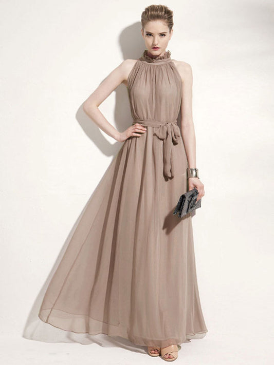 Halter Sundress Jewel Neck Lace Up Chiffon Beach Prom Maxi Dresses