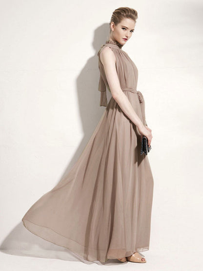 Halter Sundress Jewel Neck Lace Up Chiffon Beach Prom Maxi Dresses