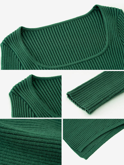 Women's Knitted Dress Beautiful Acrylic Long Sleeves Low-slit Square Neck
