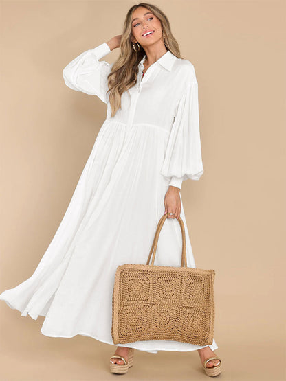 Boho Maxi Shirt Dress For Women- Long Puff Sleeve Casual Flowy Dress - Summer Vacation Beach Evening Wear 2026