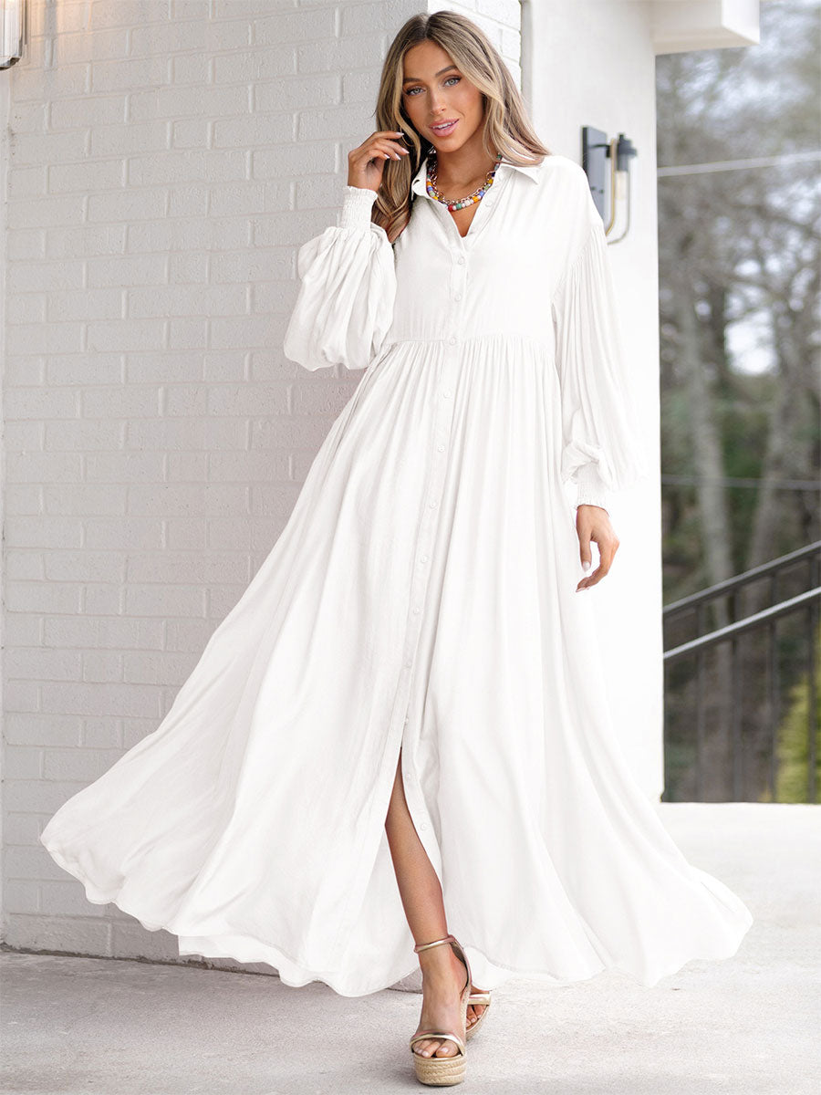 Boho Maxi Shirt Dress For Women- Long Puff Sleeve Casual Flowy Dress - Summer Vacation Beach Evening Wear 2026