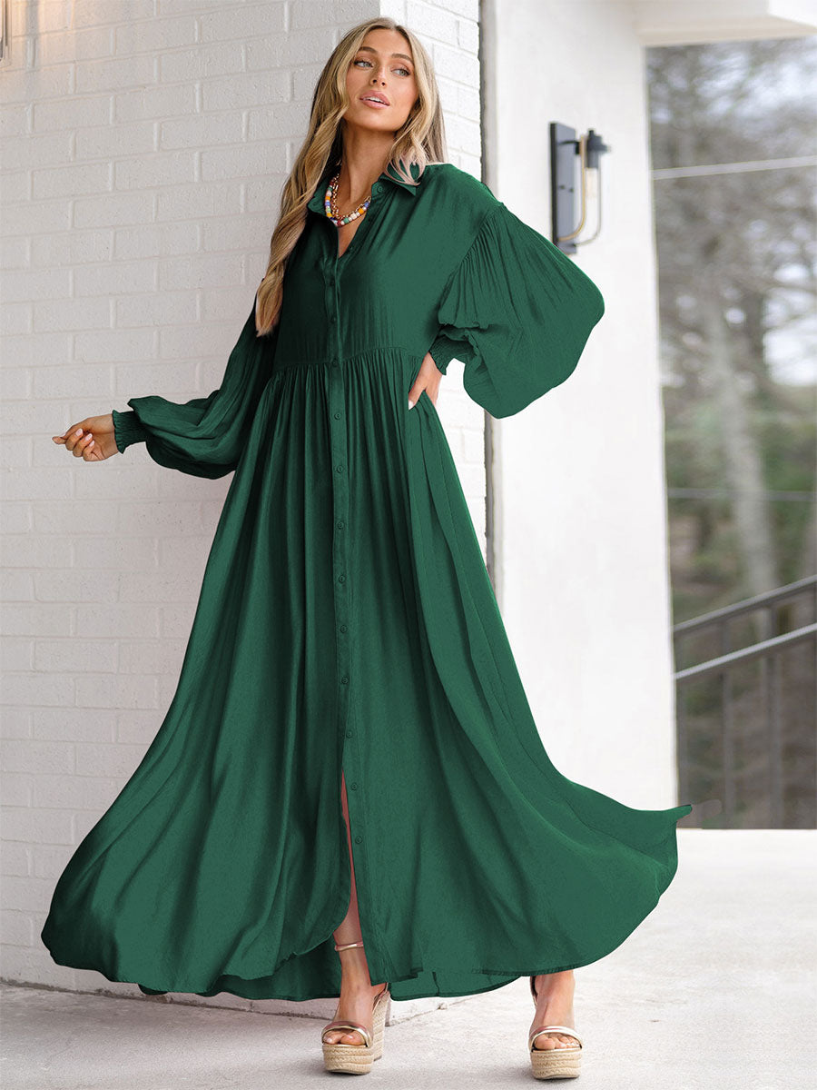Boho Maxi Shirt Dress For Women- Long Puff Sleeve Casual Flowy Dress - Summer Vacation Beach Evening Wear 2026