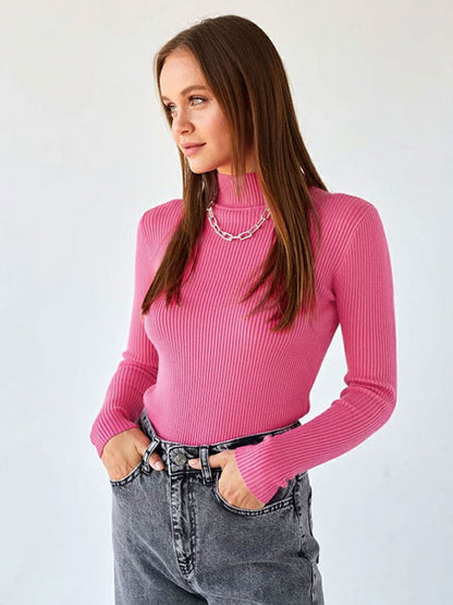 Pullovers Tops For Women Gray High Collar Long Sleeves Sweaters