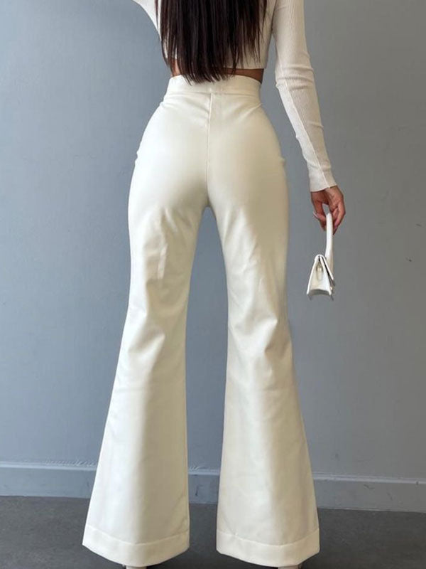 PU Leather Pants Drawstring Raised Waist Trousers For Women