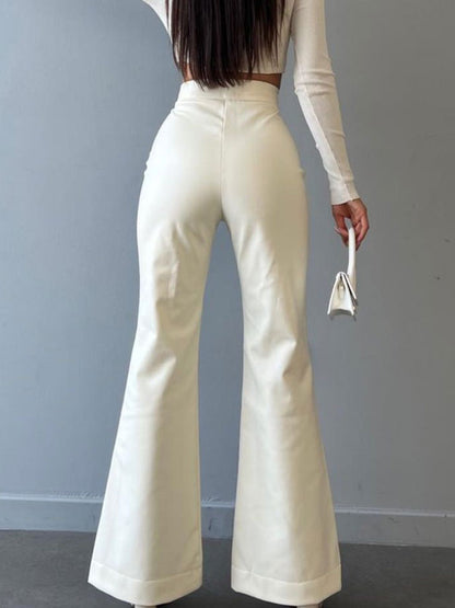 PU Leather Pants Drawstring Raised Waist Trousers For Women