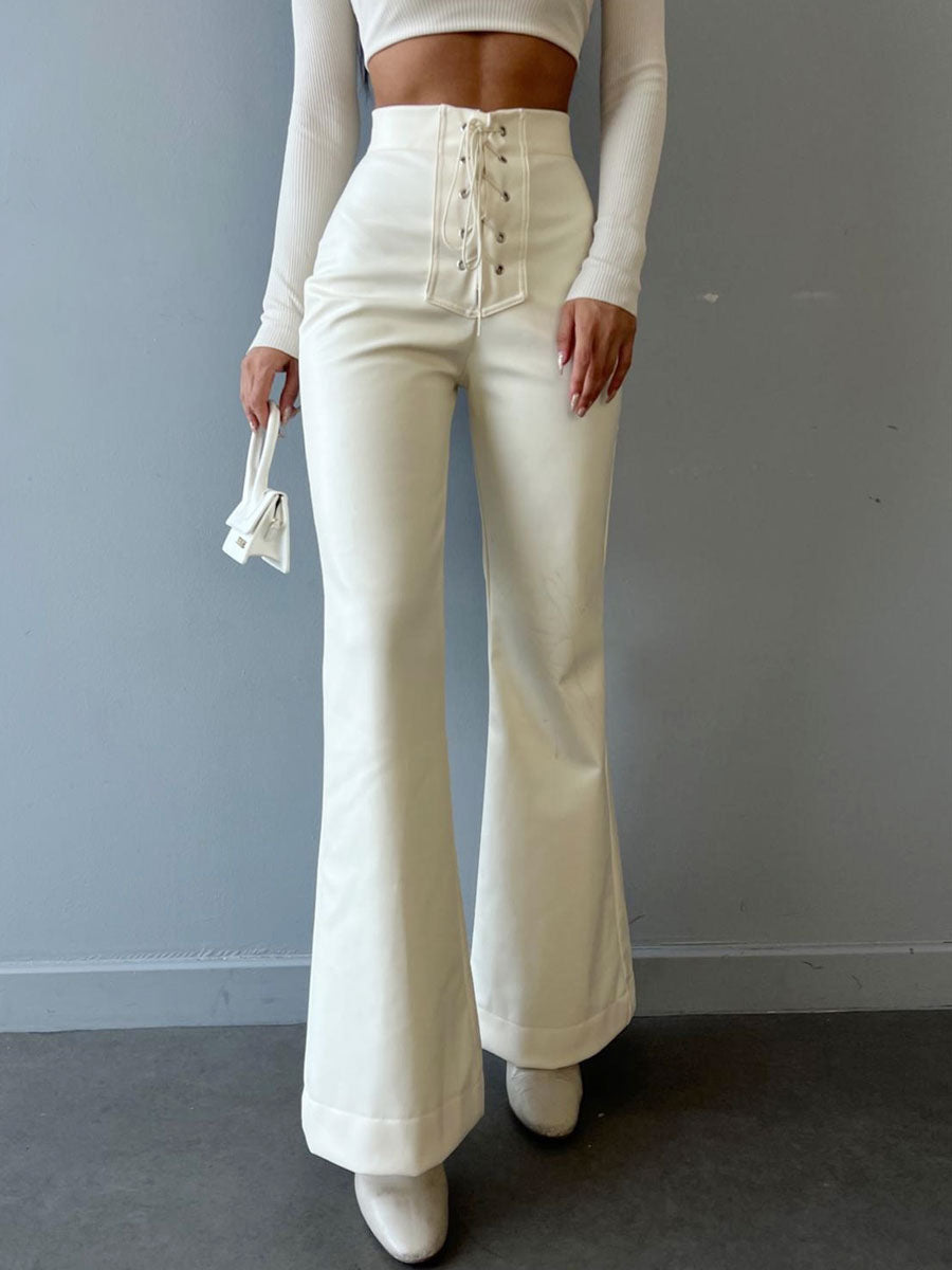 PU Leather Pants Drawstring Raised Waist Trousers For Women