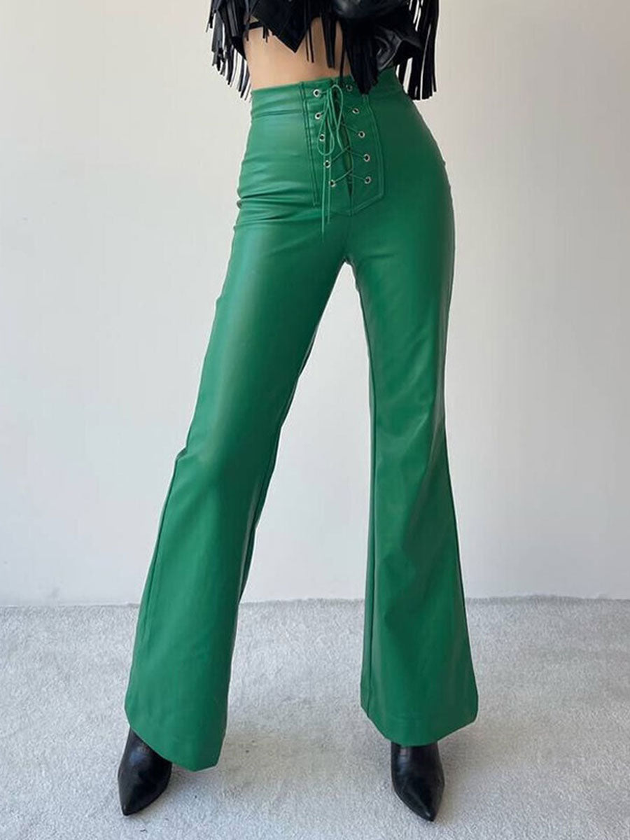PU Leather Pants Drawstring Raised Waist Trousers For Women