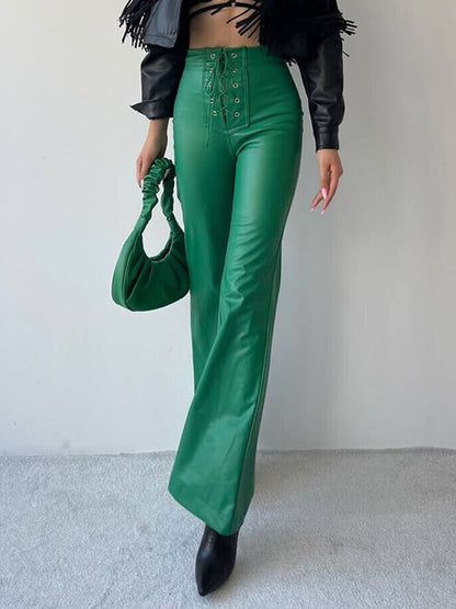 PU Leather Pants Drawstring Raised Waist Trousers For Women