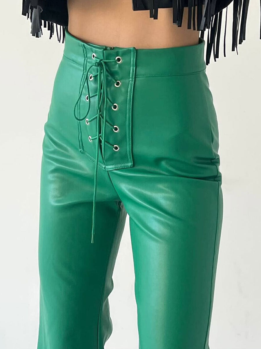 PU Leather Pants Drawstring Raised Waist Trousers For Women