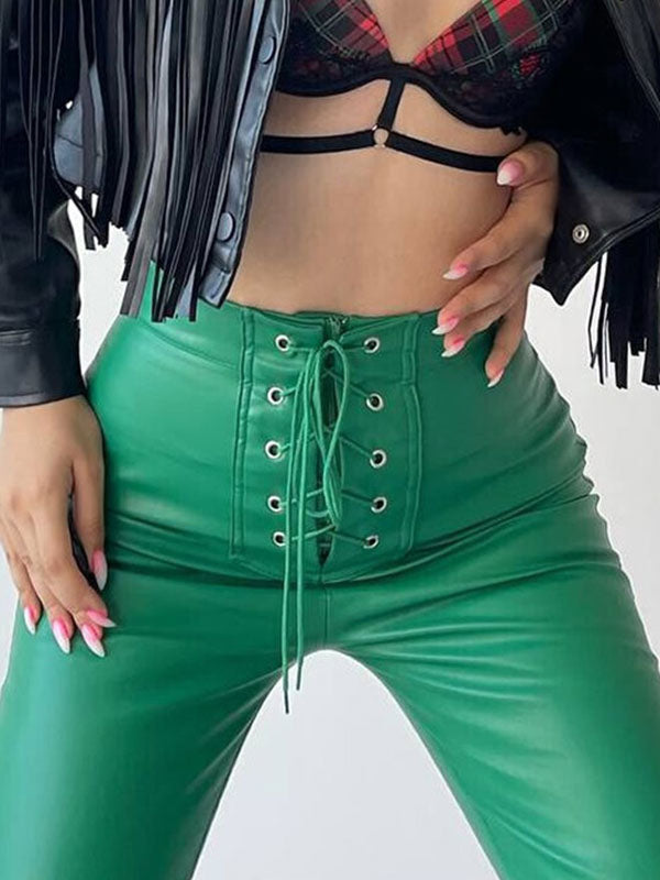 PU Leather Pants Drawstring Raised Waist Trousers For Women