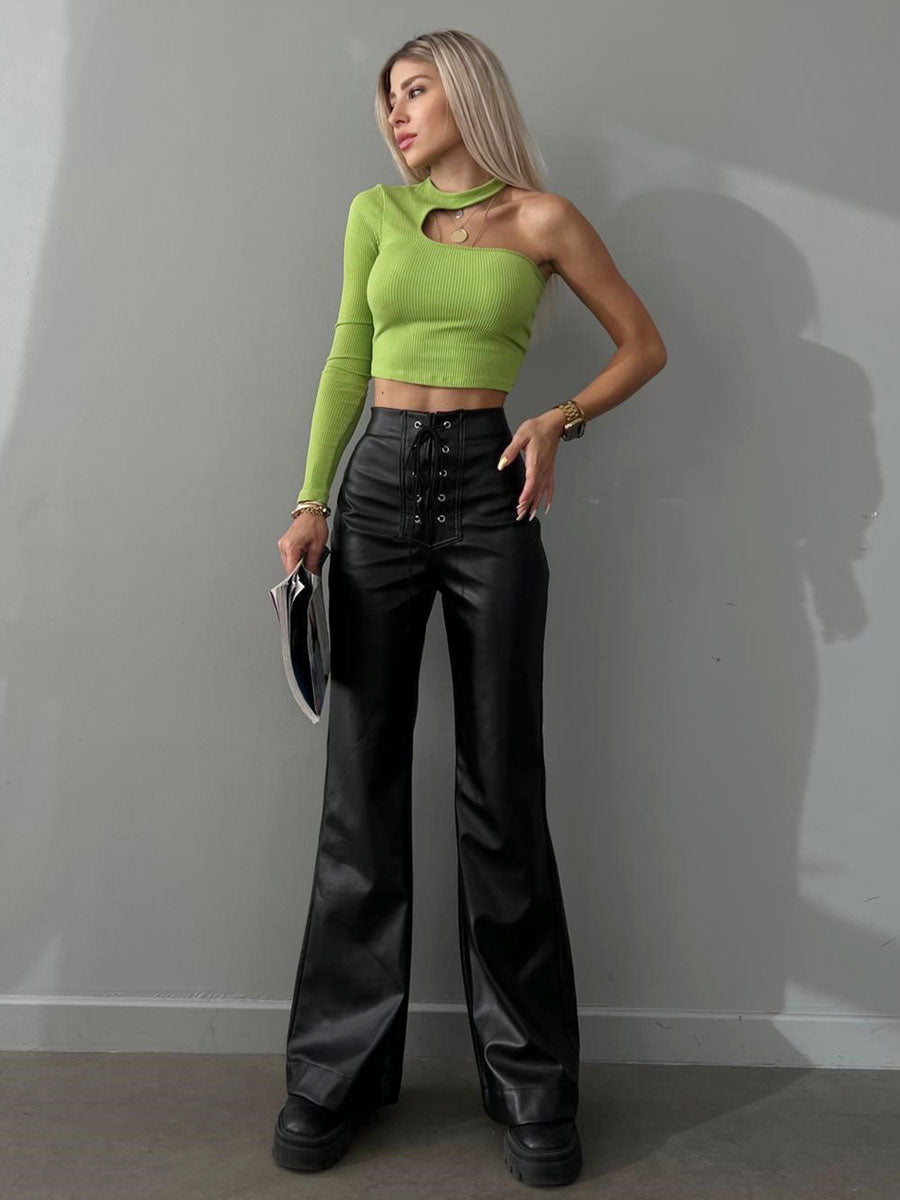 PU Leather Pants Drawstring Raised Waist Trousers For Women