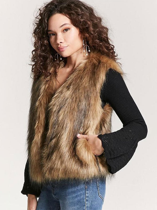 Faux Fur Coats Coffee Brown Sleeveless Faux Fur Jacket Eco-friendly Fur Coat