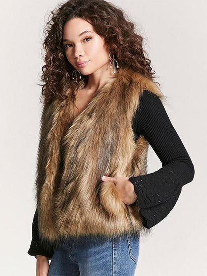 Faux Fur Coats Coffee Brown Sleeveless Faux Fur Jacket Eco-friendly Fur Coat