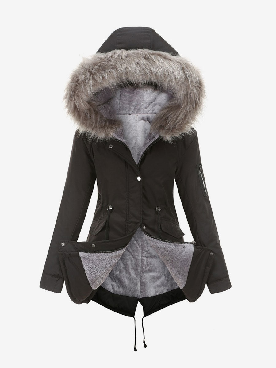 Winter Coats Pink Medium Drawstring Hooded Front Button Long Sleeves Two-Tone Casual Winter Coat Outerwear