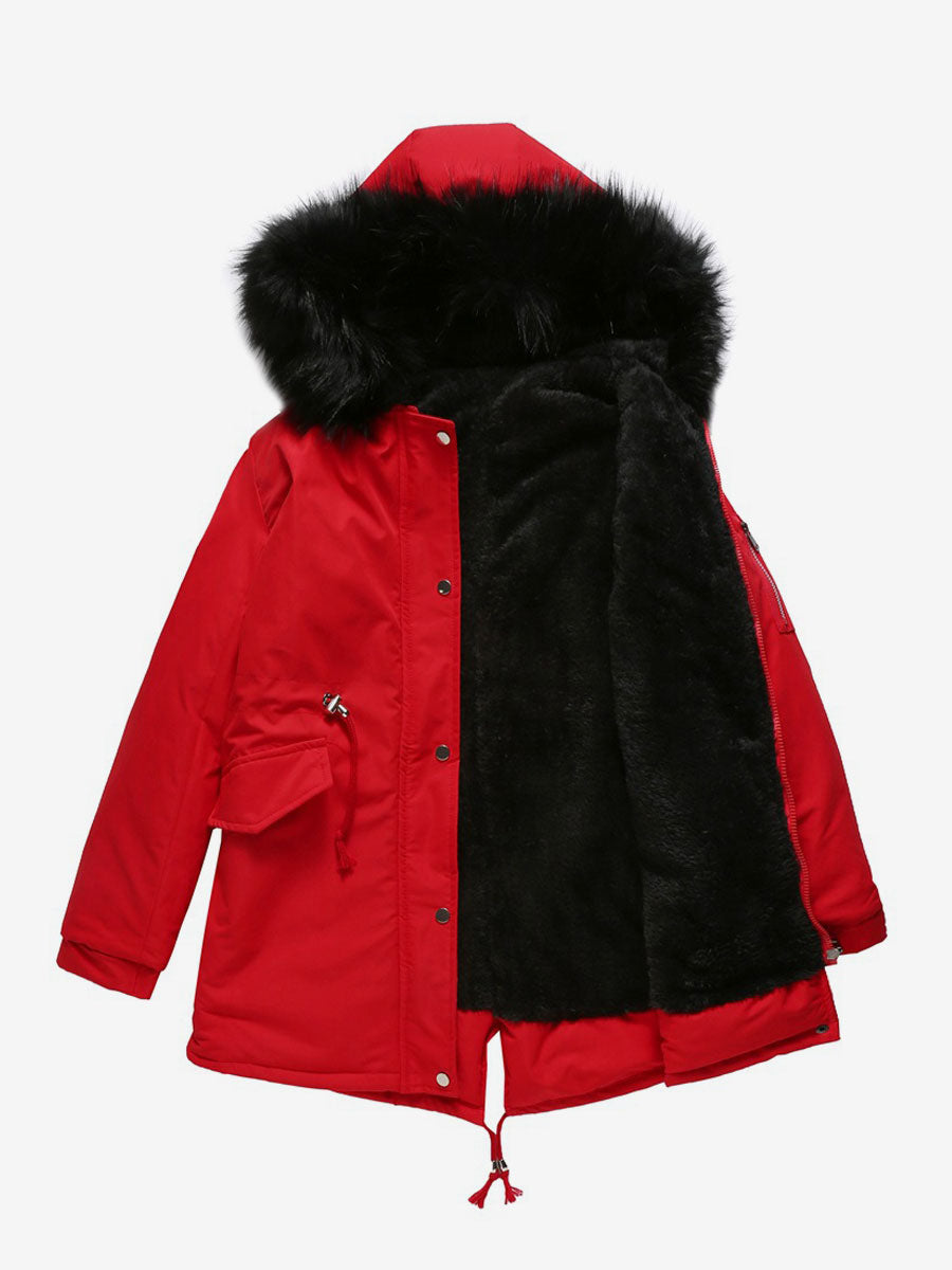Winter Coats Pink Medium Drawstring Hooded Front Button Long Sleeves Two-Tone Casual Winter Coat Outerwear