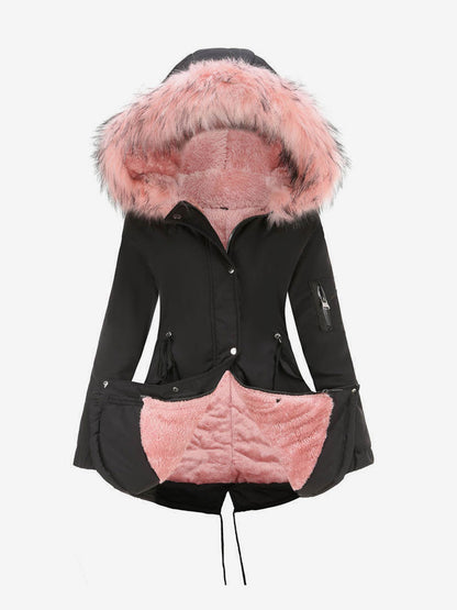 Winter Coats Pink Medium Drawstring Hooded Front Button Long Sleeves Two-Tone Casual Winter Coat Outerwear