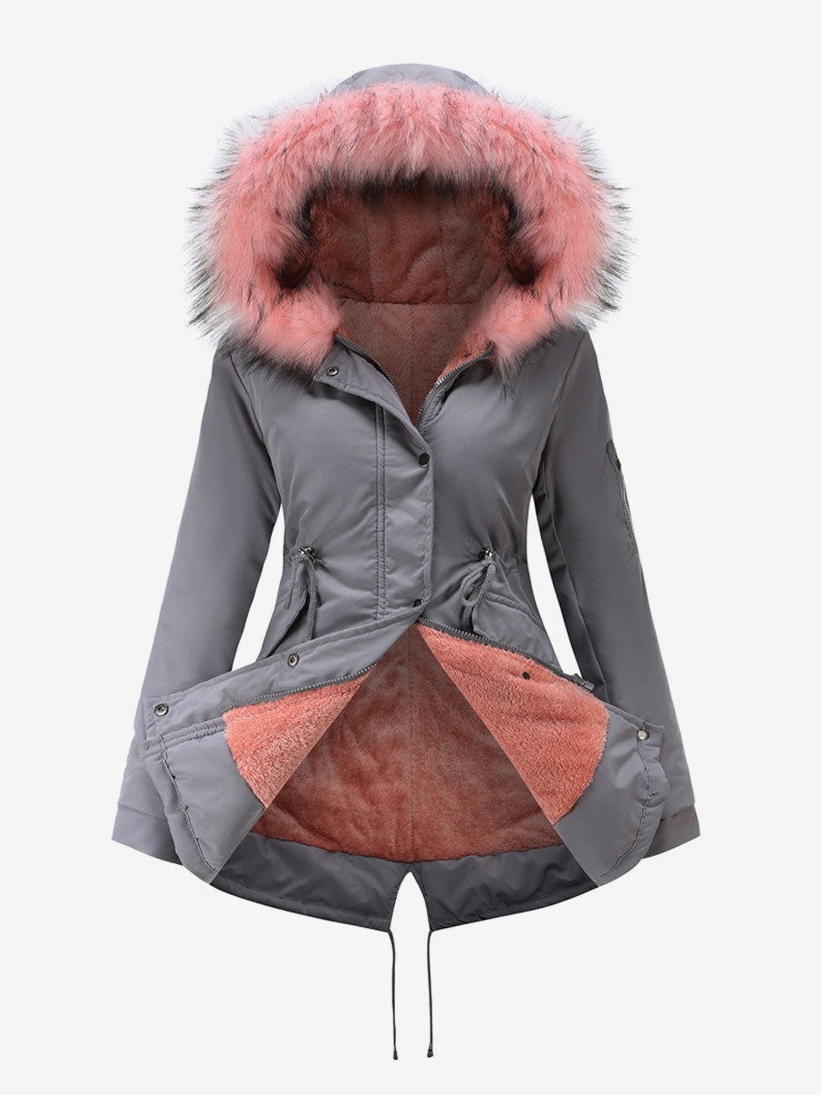 Winter Coats Pink Medium Drawstring Hooded Front Button Long Sleeves Two-Tone Casual Winter Coat Outerwear