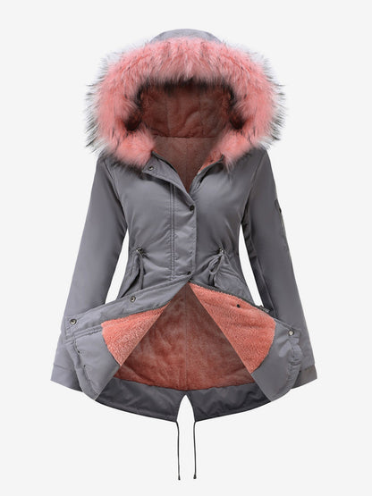 Winter Coats Pink Medium Drawstring Hooded Front Button Long Sleeves Two-Tone Casual Winter Coat Outerwear