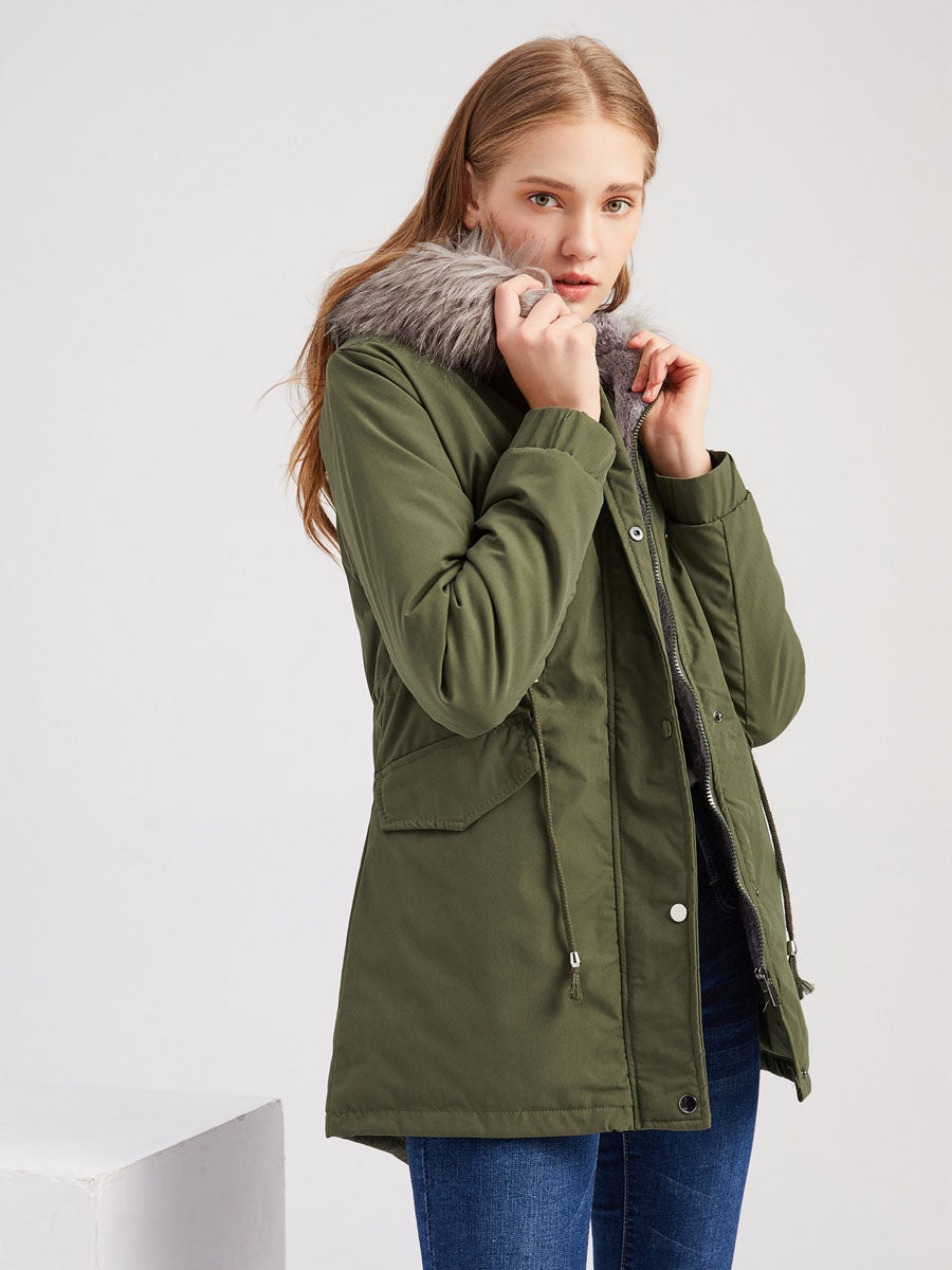 Winter Coats Pink Medium Drawstring Hooded Front Button Long Sleeves Two-Tone Casual Winter Coat Outerwear
