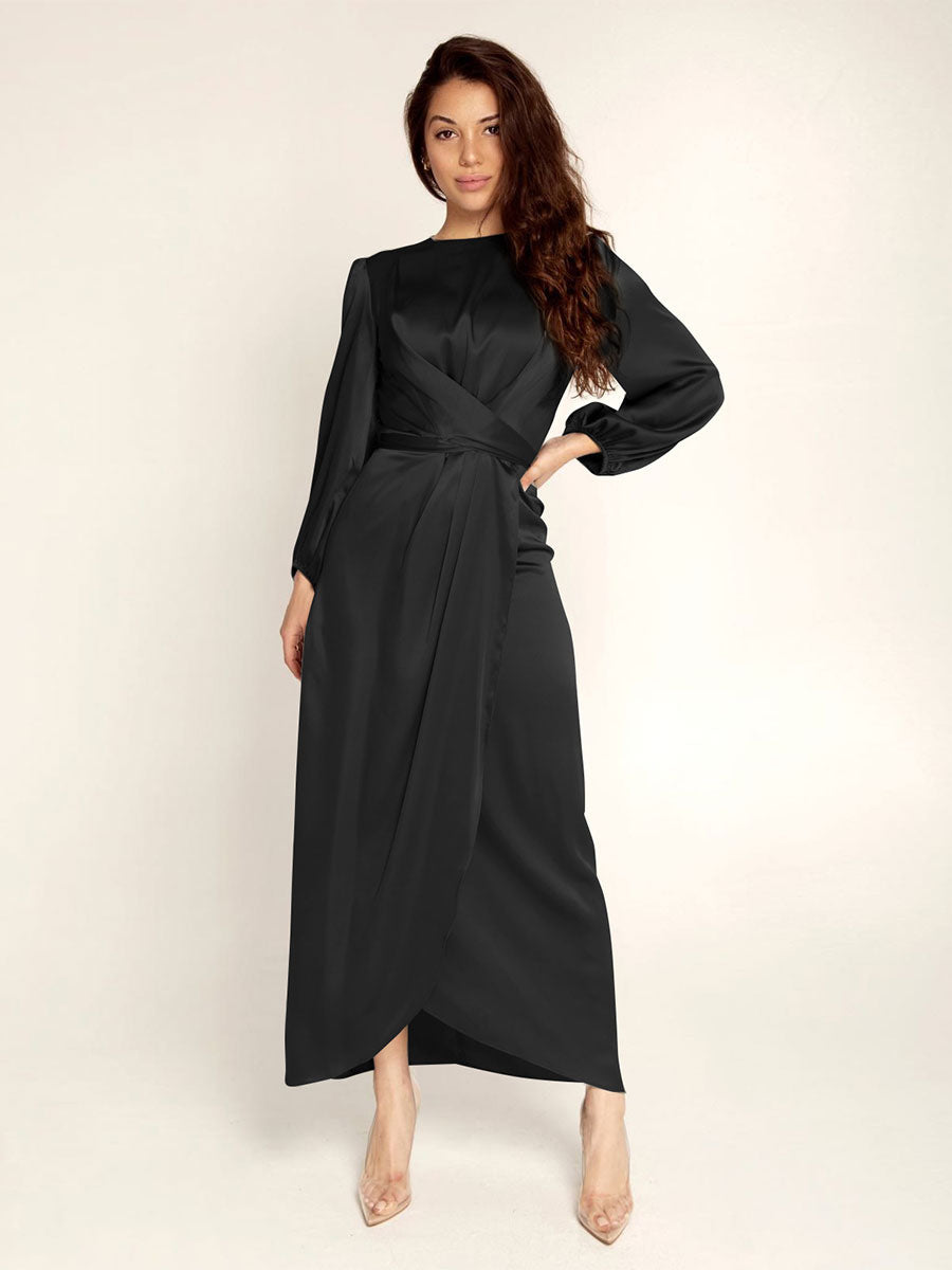 Prom Dresses Jewel Neck Pleated Stain Semi Formal Maxi Dress