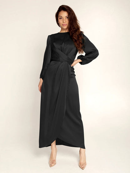 Prom Dresses Jewel Neck Pleated Stain Semi Formal Maxi Dress