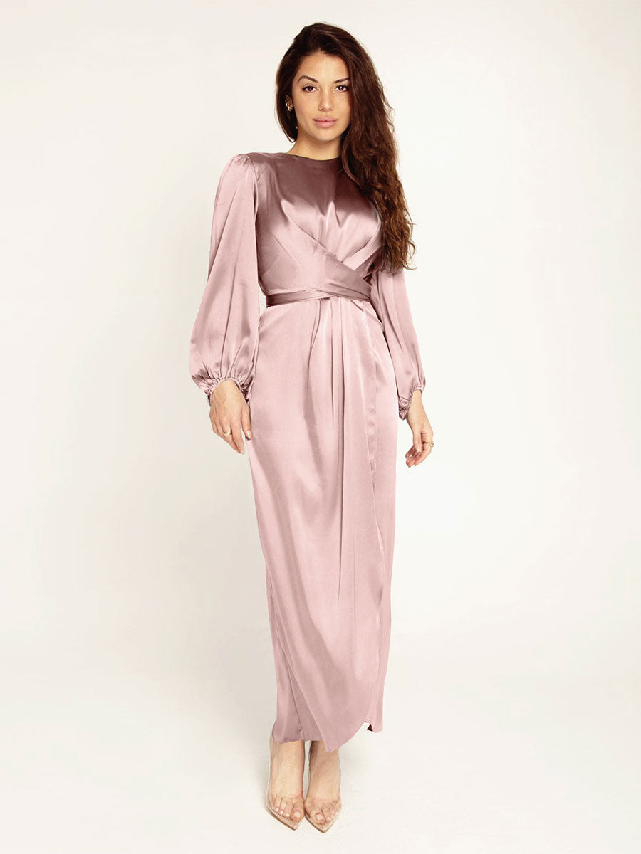 Prom Dresses Jewel Neck Pleated Stain Semi Formal Maxi Dress