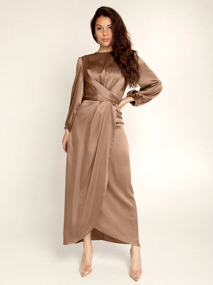 Prom Dresses Jewel Neck Pleated Stain Semi Formal Maxi Dress
