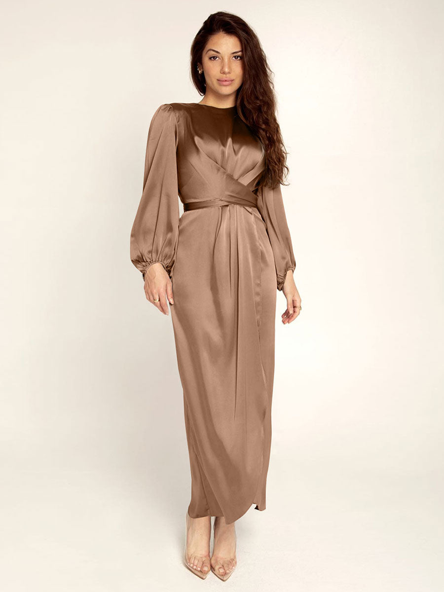 Prom Dresses Jewel Neck Pleated Stain Semi Formal Maxi Dress