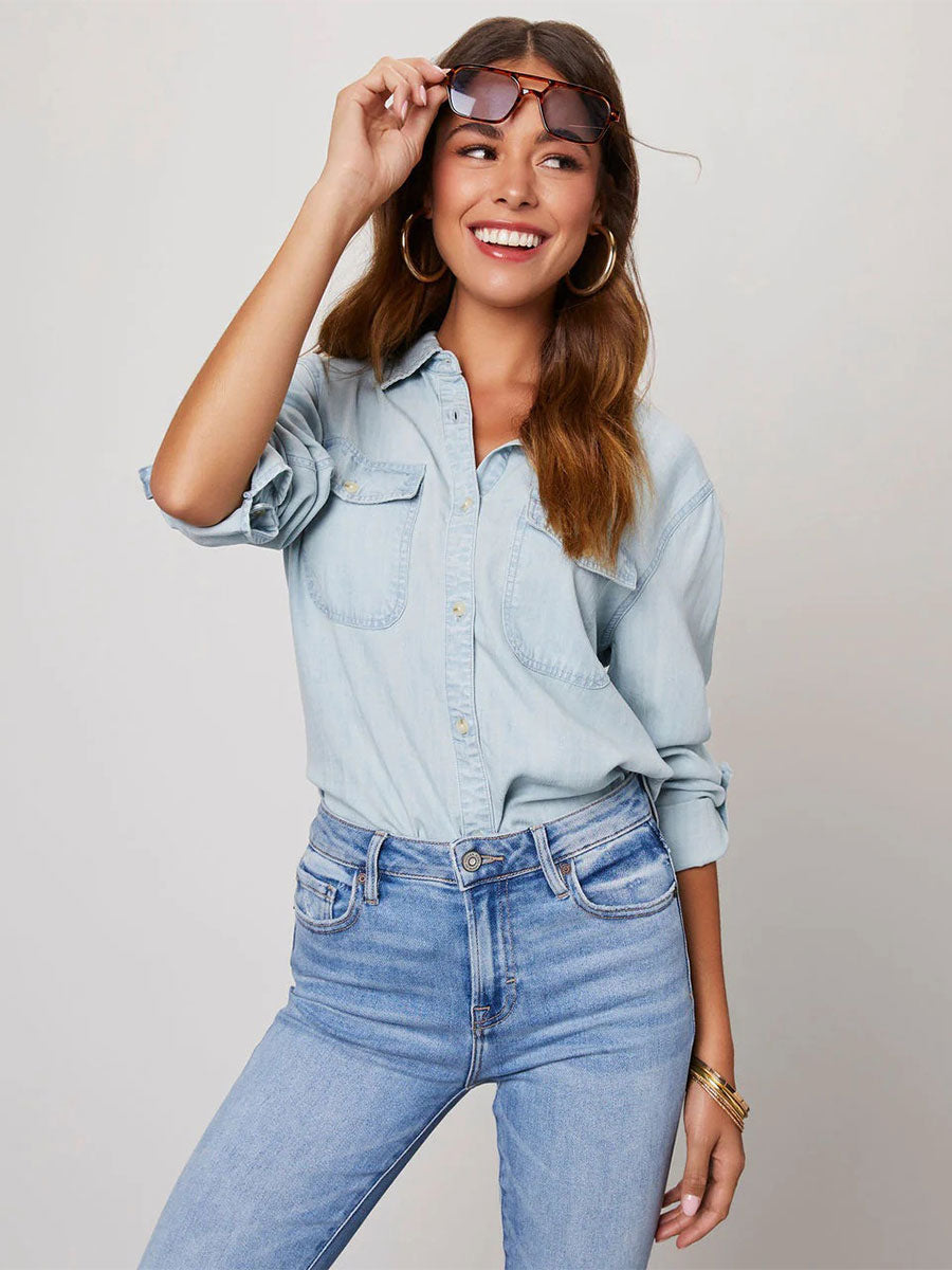 Denim Blouse For Women Turndown Collar Flap Pockets Daily Tops