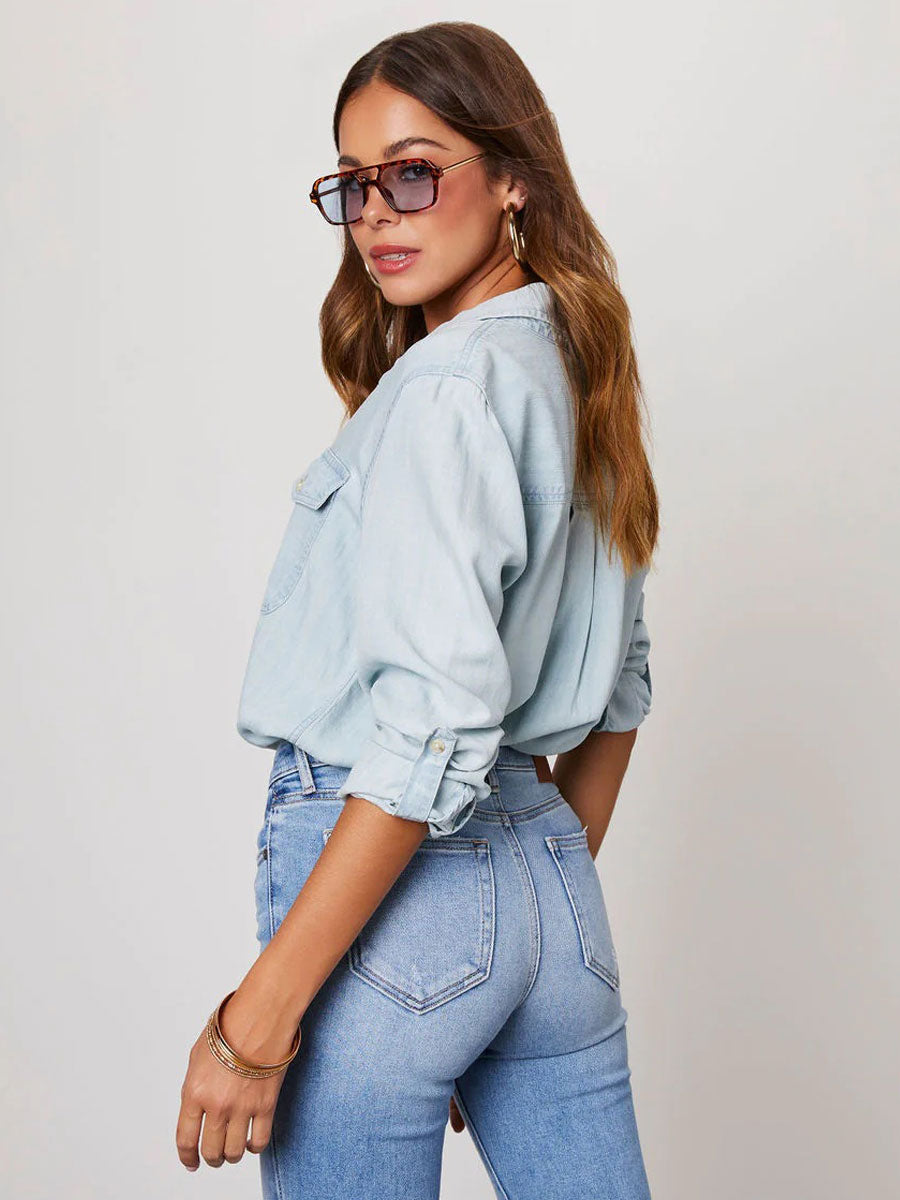 Denim Blouse For Women Turndown Collar Flap Pockets Daily Tops