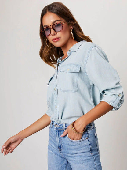 Denim Blouse For Women Turndown Collar Flap Pockets Daily Tops