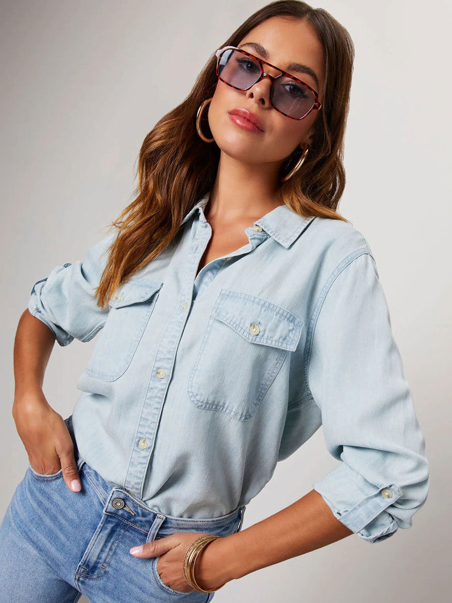 Denim Blouse For Women Turndown Collar Flap Pockets Daily Tops