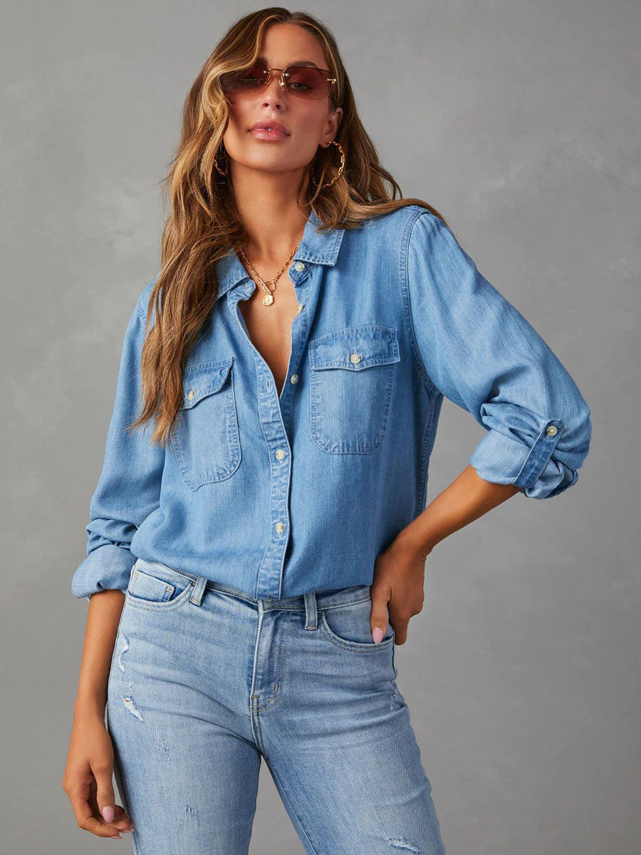 Denim Blouse For Women Turndown Collar Flap Pockets Daily Tops