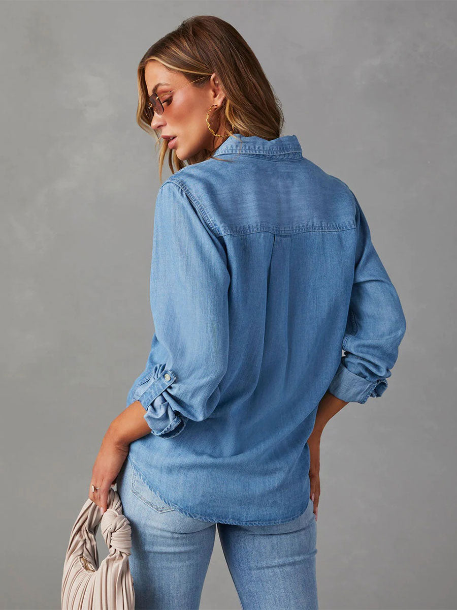 Denim Blouse For Women Turndown Collar Flap Pockets Daily Tops