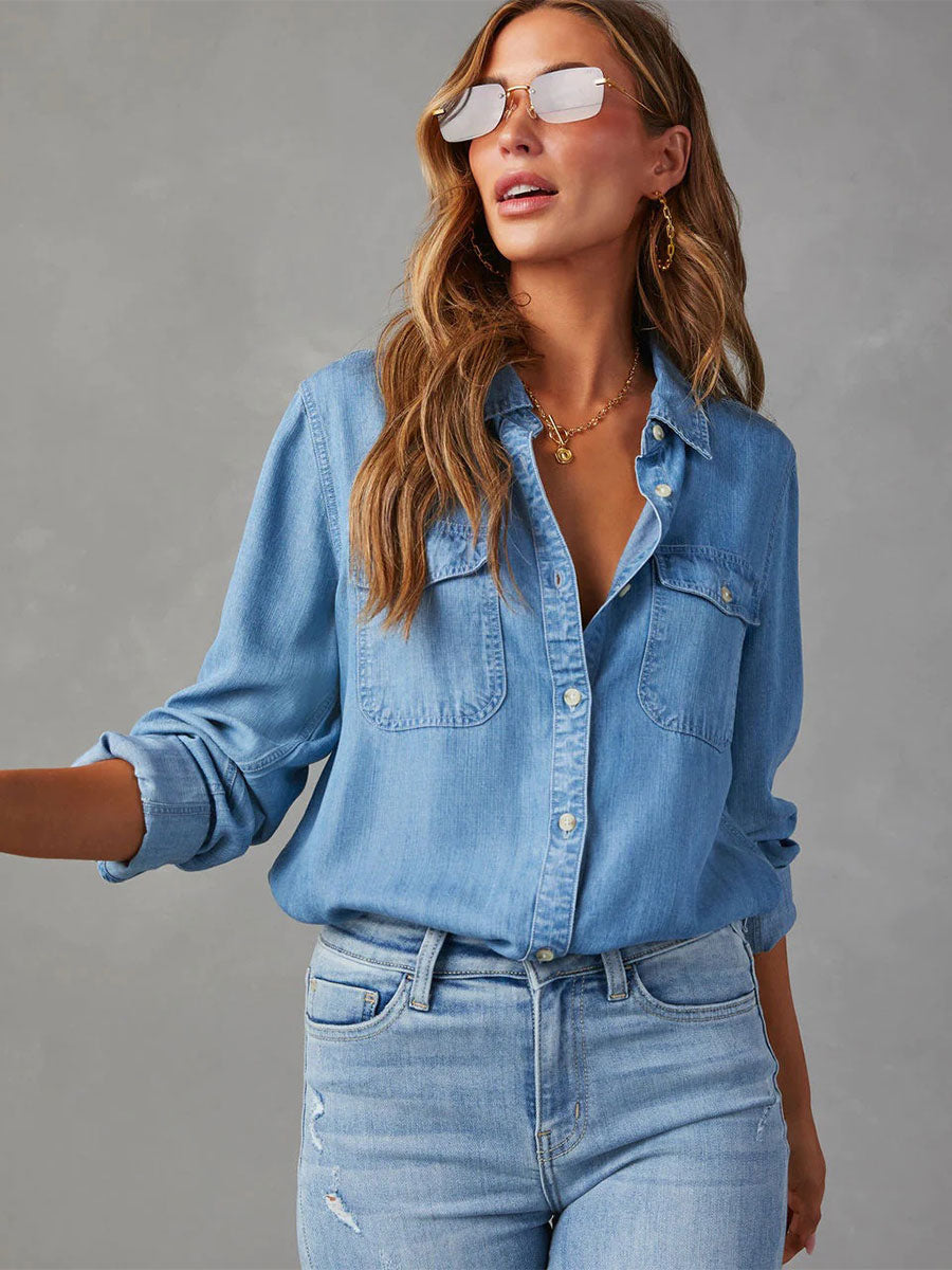 Denim Blouse For Women Turndown Collar Flap Pockets Daily Tops