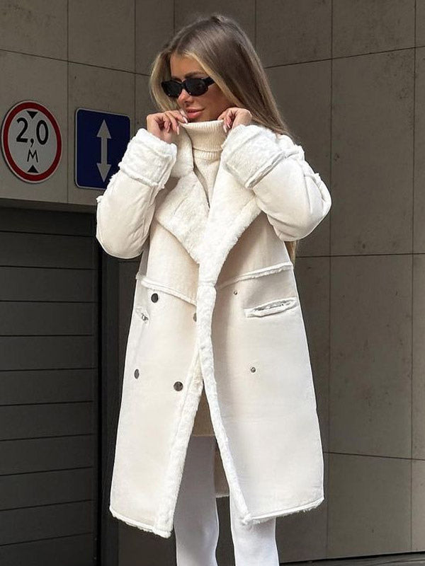 Winter Coat Lapel Plush Sleeves Solid Color Fall Winter Outerwear For Women