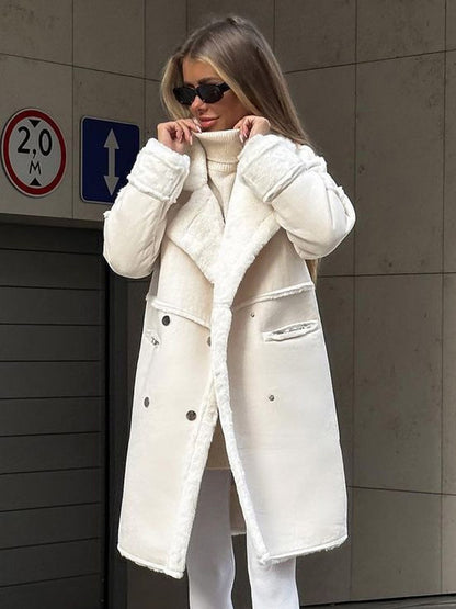 Winter Coat Lapel Plush Sleeves Solid Color Fall Winter Outerwear For Women