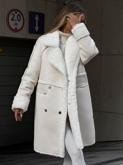 Winter Coat Lapel Plush Sleeves Solid Color Fall Winter Outerwear For Women
