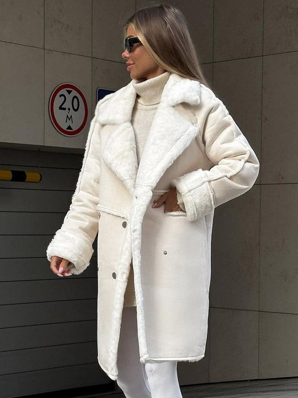Winter Coat Lapel Plush Sleeves Solid Color Fall Winter Outerwear For Women