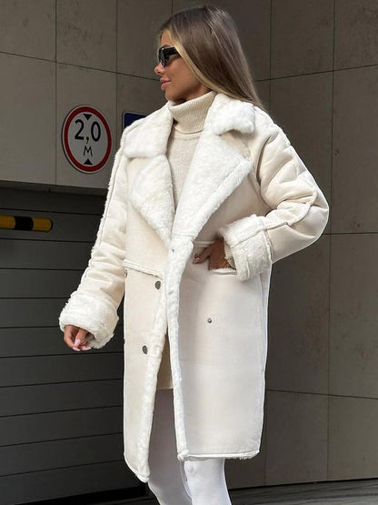 Winter Coat Lapel Plush Sleeves Solid Color Fall Winter Outerwear For Women