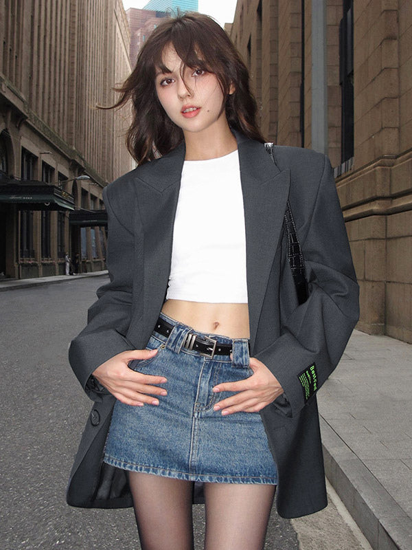Women's Blazer Long Bold Shoulder Lapel Button Outerwear
