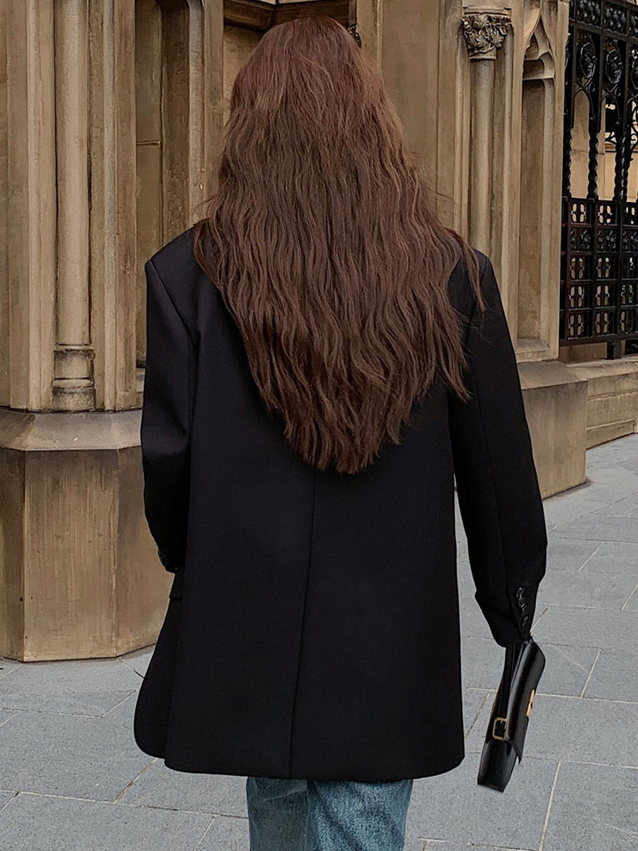 Women's Blazer Long Bold Shoulder Lapel Button Outerwear