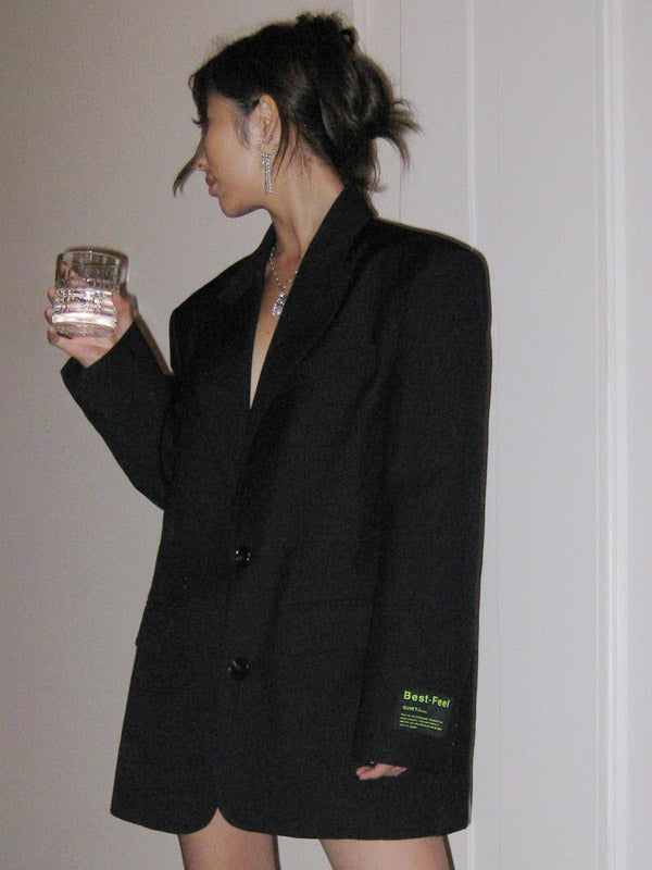 Women's Blazer Long Bold Shoulder Lapel Button Outerwear