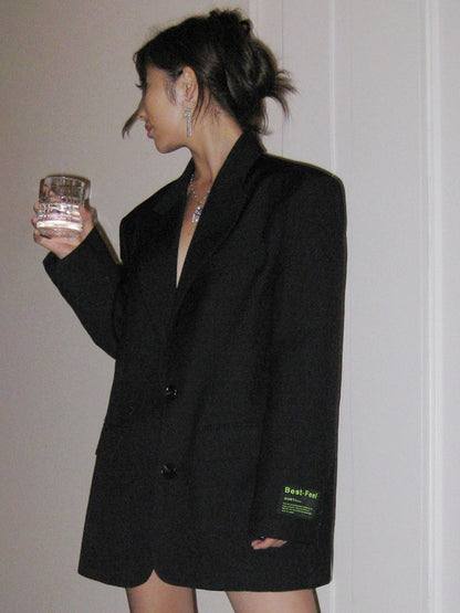Women's Blazer Long Bold Shoulder Lapel Button Outerwear