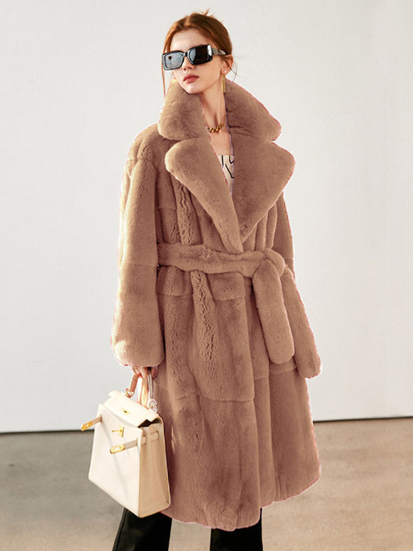 Faux Fur Long Coat Notched Lapel Belted Winter Eco-friendly Jacket For Women 2026