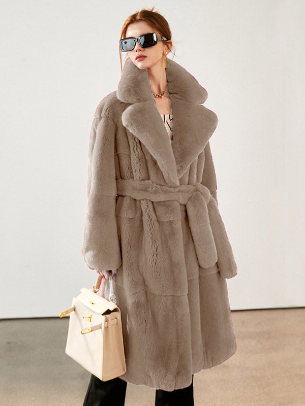 Faux Fur Long Coat Notched Lapel Belted Winter Eco-friendly Jacket For Women 2026